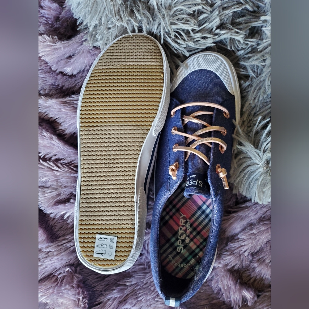 New Sperry Pier Wave Slip On Sneaker 5 Blue Gold Shimmer